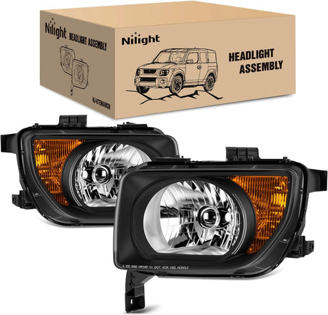 Headlight Assembly Compatible with 2003 2004 2005 2006 Honda Element OE Style Replacement Halogen Headlights Black Housing Amber Reflector Headlamp Passenger and Driver Side
