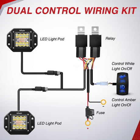 Flush Mount LED Light Pods 2PCS 42W Amber White 3 Lighting Modes Fog Lights Spot Flood Combo Beam with Dual Control 18AWG Wiring Harness for Truck Pickup Golf Cart UTV ATV SUV Boat 4x4 Car