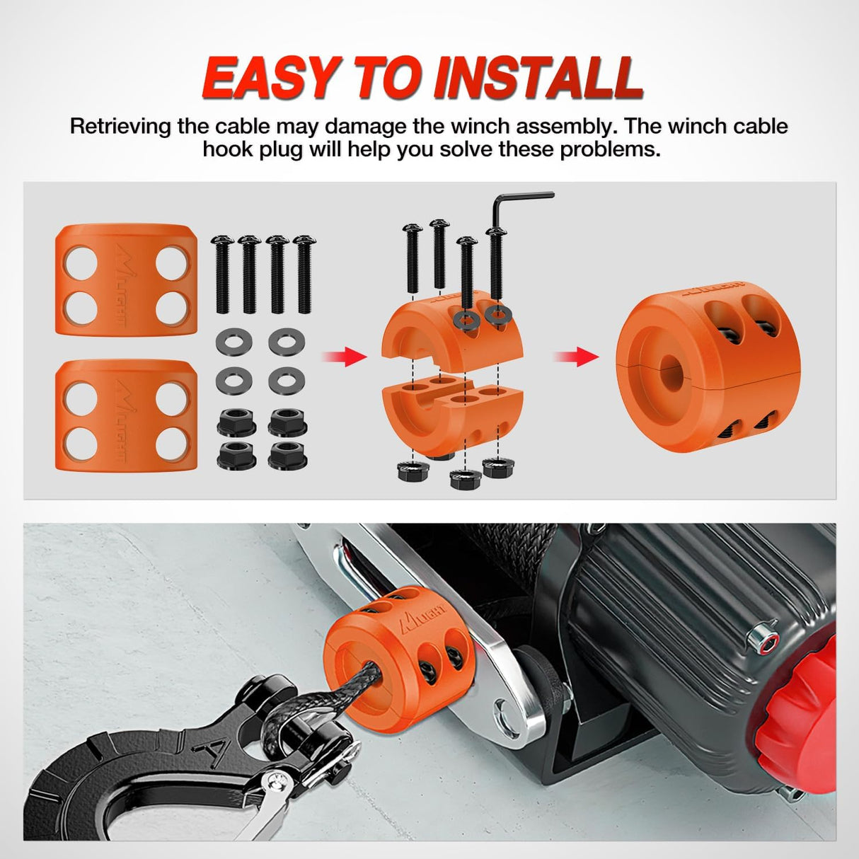 Winch Stopper for ATV UTV Truck SUV Winch Cable Hook Rubber Stopper Protect Towing Hook Synthetic Rope winch accessories Rope Line Saver with Stainless Steel Screws and Nuts Allen Wrenc,Orange