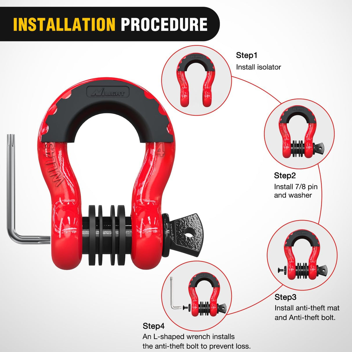 3/4 Inch D Ring Anti-Theft Shackle Tow Hook Jeep Truck SUV ATV UTV | Off Road Recovery Gear 19T 41,887 lbs Break Strength 4.75T WLL Rust-Resistant Anti-Rattle Isolators Heavy Duty Red 2pack