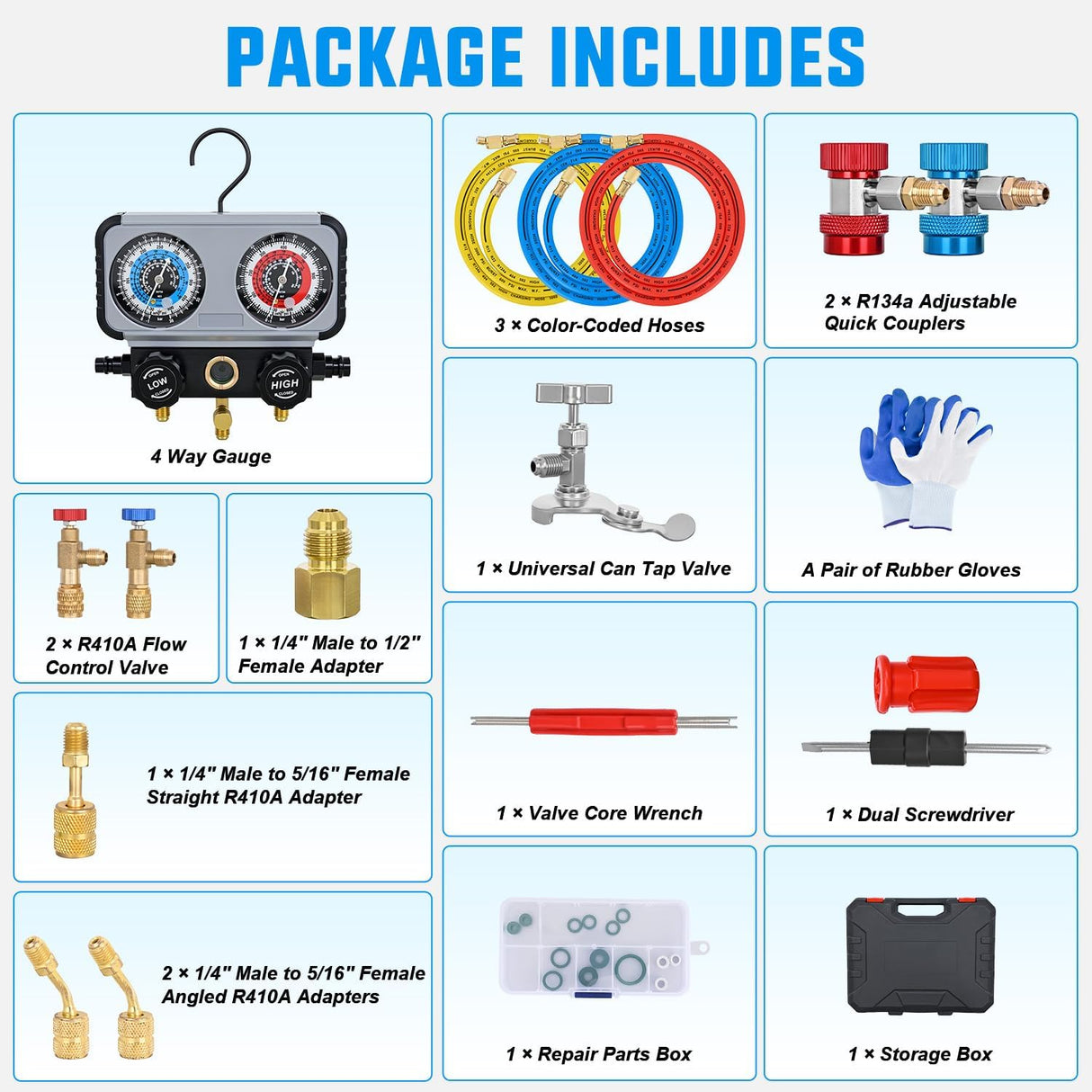 A/C Manifold Gauge Set Fits for R134a R410A R22 R404A 3-Way Auto HVAC Diagnostic Gauges Refrigerant Recharge kit with Adjustable Couplers 5FT Hoses Universal Can Tap