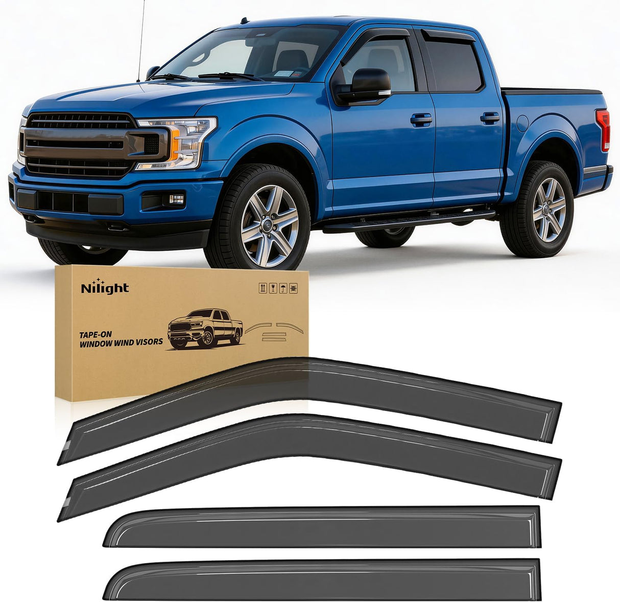 Rain Guards for 2015-2025 Ford F150 SuperCrew | For 2017-2025 Ford Raptor Crew Cab, 2017-2025 Ford F250 F350 F450 F550 Super Duty Crew Cab, Outside Mount Window Visor, 4PCS