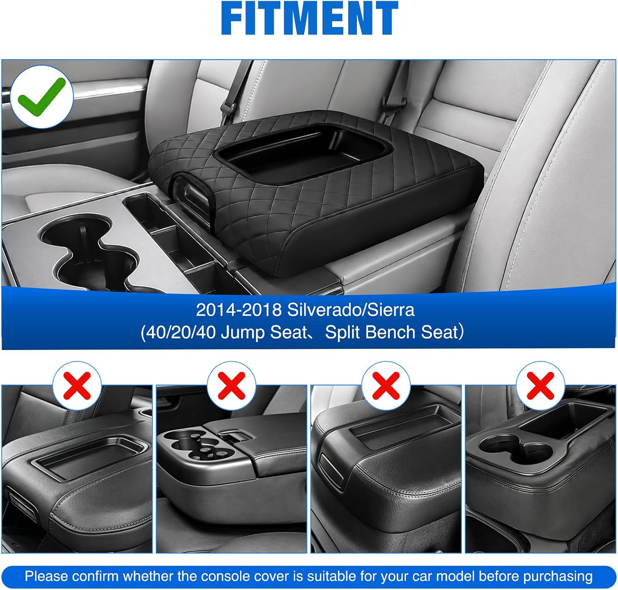 Center Console Cover Fit for Chevy GMC Silverado Sierra 2014-2018 | for Silverado Sierra 2014 15 16 17 2018 Jump Seat Accessories Middle Armrest Cover for Car Waterproof Nappa Leather, Black