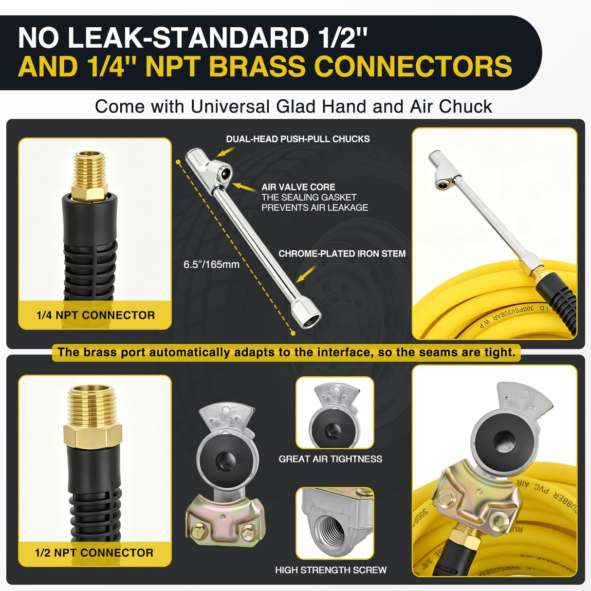Heavy Duty Truck Tire Inflator Kit 3/8 in x 50 FT 300 PSI | Hybrid Air Hose with Universal Glad Hand and Air Chuck Lightweight Kink Resistant Semi Trailer Tractor Tire Inflation Hose