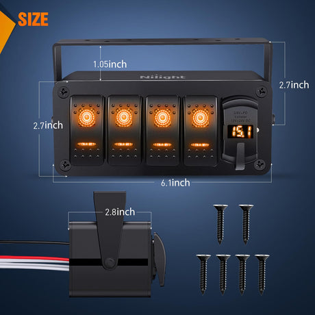 4 Gang Rocker Switch Box 12V SPST ON Off Toggle Switches PD Type C and QC 3.0 USB Sockcet Voltmeter LED Light Waterproof Aluminum Mount Bracket Panel DIY Stickers for Boat Car RV Truck