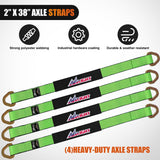 2 Inch x 38 Inch Axle Tie Down Straps with D-Rings & Protective Sleeves | 11,127 LBS Break Strength for Car Haulers Engine Hoists Trucks Trailers and UTVs 4 Pack Green