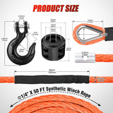 1/4 inch x 50 ft Synthetic Winch Line Cable Kit - Universal for ATV, UTV, 4x4 Off-Road Vehicle - 9000 lbs Winch Line Ropes with Steel Hook, Rubber Stopper, Protective Sleeve, Safety Strap, Orange