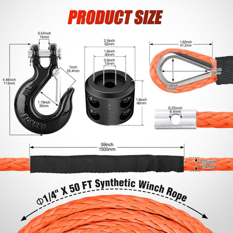 1/4 inch x 50 ft Synthetic Winch Line Cable Kit - Universal for ATV, UTV, 4x4 Off-Road Vehicle - 9000 lbs Winch Line Ropes with Steel Hook, Rubber Stopper, Protective Sleeve, Safety Strap, Orange