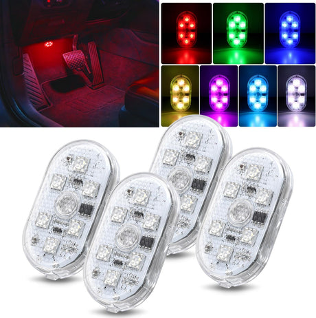 Wireless Magnetic RGB LED Interior Lights, 4 PCS 7 Colors USB Rechargeable Universal Mini Sticky Footwell Ambient Atmosphere Reading Lamp with Touch Sensor, Portable Night Lighting for Car