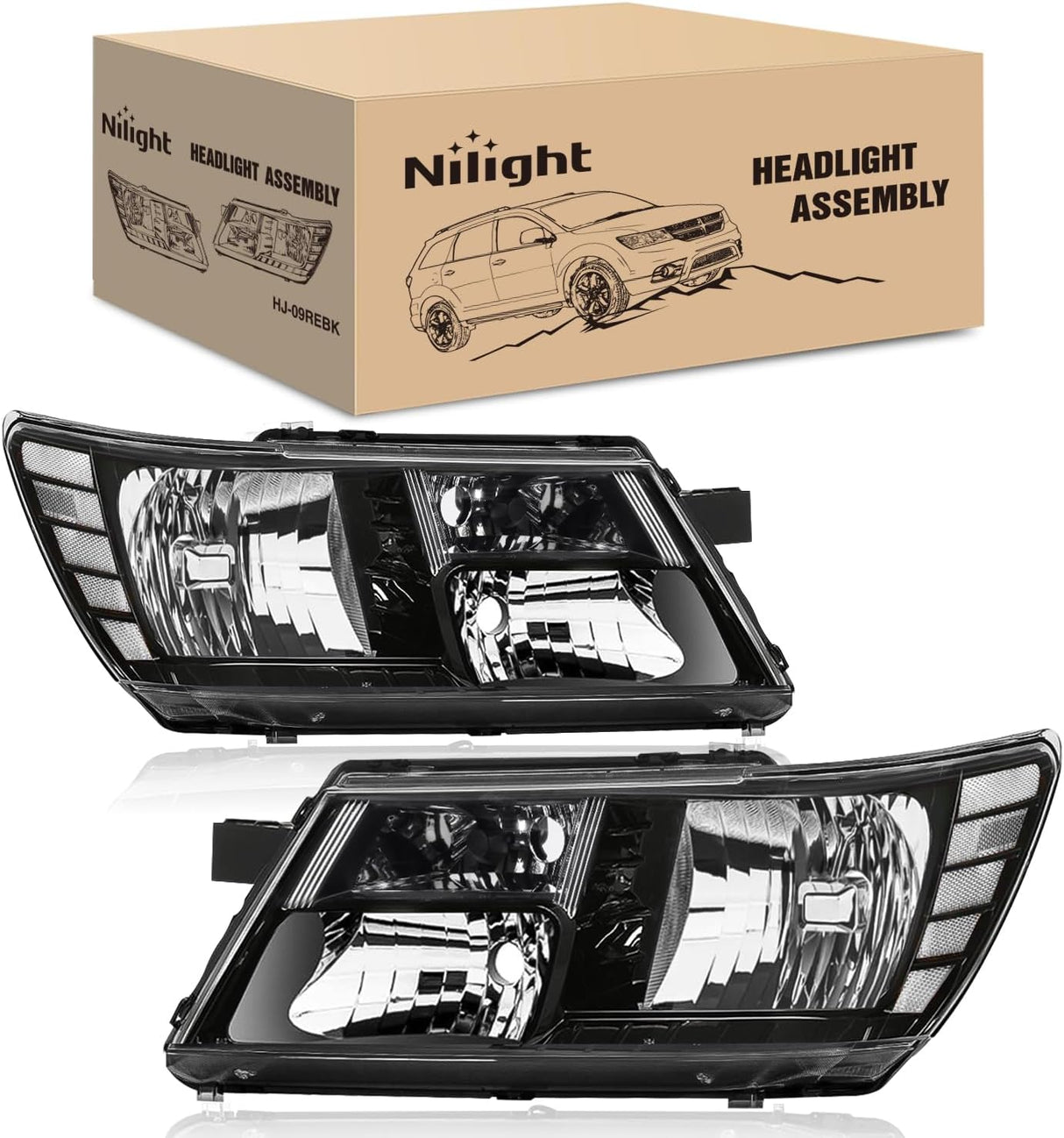 Headlight Assembly Compatible with 2009-2020 Dodge Journey | 2009-2020 Dodge Journey Black Housing Amber Reflector Headlamp
