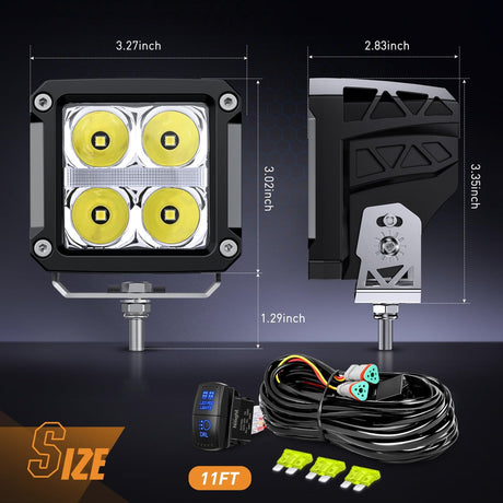 LED Pod Lights with Amber DRL 3.2 Inch Square 20W 2510LM Super Spot Beam w/ 16AWG Wiring Harness Kit Auxiliary Offroad Driving Ditch Light for Truck UTV ATV SUV 4x4