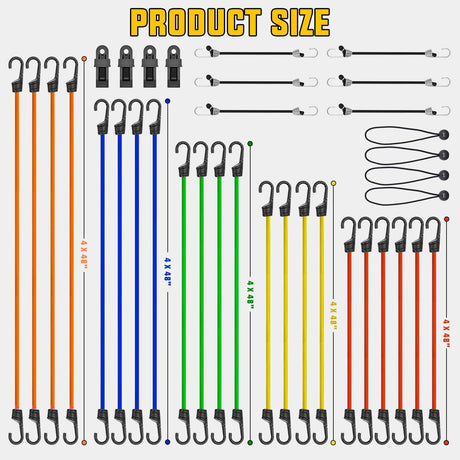 Ultimate Outdoor Bungee Cord Assortment - Heavy Duty Set of 36 (18 Inch 24 Inch 32 Inch 40 Inch 48 Inch) with Hooks for Camping Securing and DIY