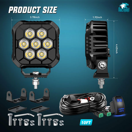 LED Pod Light 2 PCS 3.8 Inch 35 W 7 LED Square Hyper Spot Beam Offroad Driving Lights w/16 AWG Rocker Switch Wiring Harness Kit for Truck Motorbike Boat ATV UTV