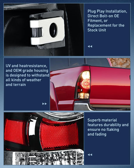Taillight Assembly Compatible with Toyota Tacoma 2005 2006 2007 2008 2009 2010 2011 2012 2013 2014 2015 Rear Tail Light Lamp Replacement Black Housing LED Lens Driver and Passenger Side