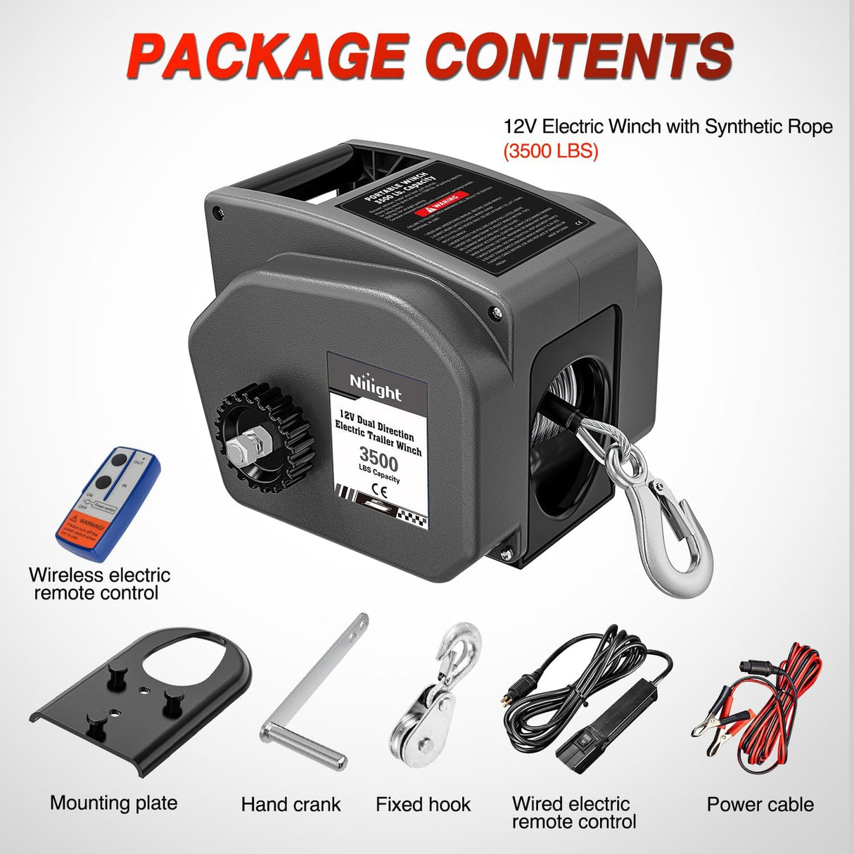 Boat Trailer Winch 3500 lbs Portable Electric Boat Winches 12 V DC Marine Winch with Steel Cable Remote Control & Hand Crank Power-in Freewheel Operat Waterproof Winch for Boat Trailer, Gray