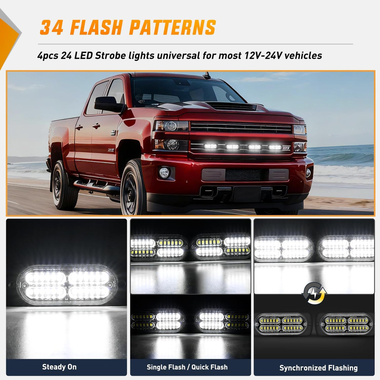 4PCS 24LED Emergency Strobe lights 12V 24V White Surface Mount Grille Hazard Safety Warning Light Sync Feature Side Flashing Marker Flash for Car Truck Campers
