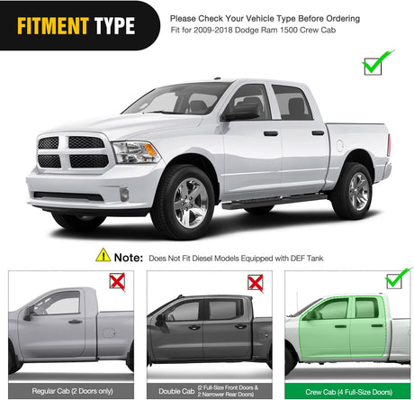 Running Boards for 2009-2018 Dodge Ram 1500 Crew Cab 2010-2024 Ram 2500 3500 4 Full Size Doors 6 Inch Side Step Nerf Bars Black