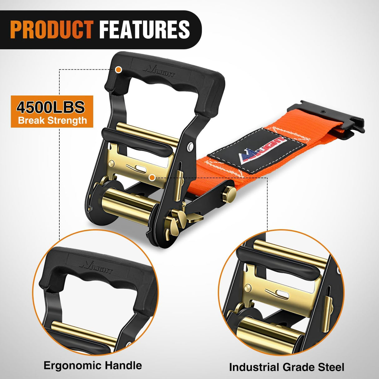Wheel Chock Tie Down Kit 4500lb Break Strength 4Pcs E-Track Ratchet Straps 8 Pcs Heavy Duty Trailer Tire Straps System for ATV, UTV, Lawn Mower,SXS 10 in-30 in Diameter Tires Orange