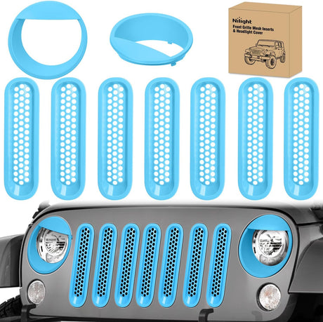 Grill Inserts fit for Jeep Wrangler Front Grille Mesh Inserts & Headlight Cover Set for JK JKU Unlimited Sports Sahara Freedom Rubicon 2007-2018 Clip-in Trim Exterior Accessories Blue 9 Pcs