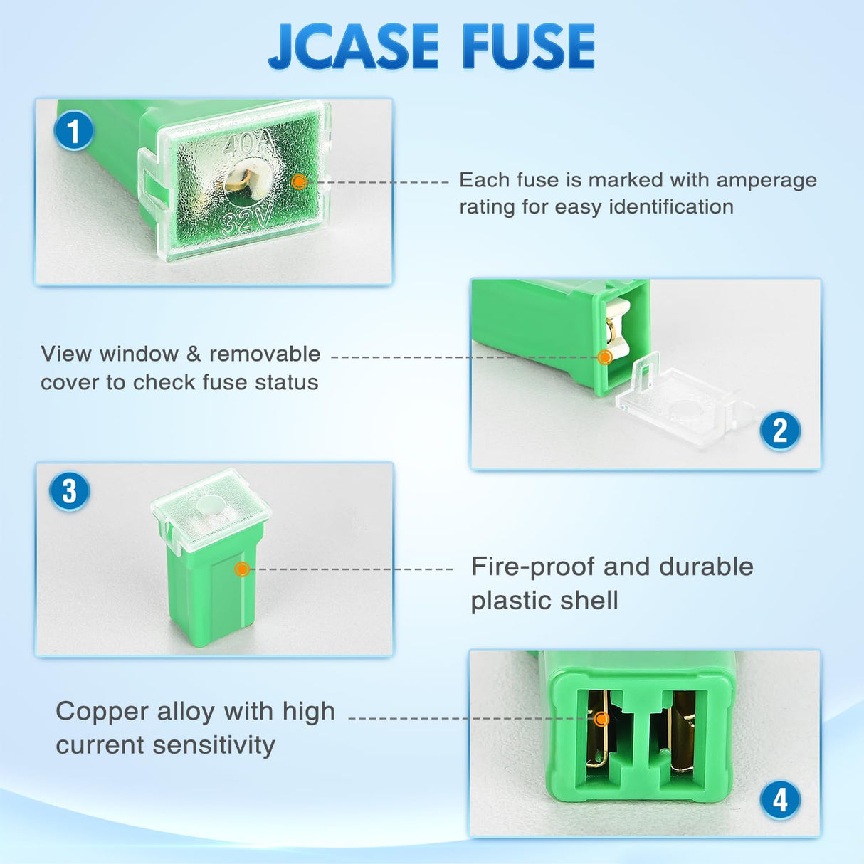 30pcs Jcase Car Fuse Assortment Kit Low Tall STD Profile Box Shaped Fuses Replacement 20A 30A 40A 50A 60A for Cars Trucks SUVs RVs