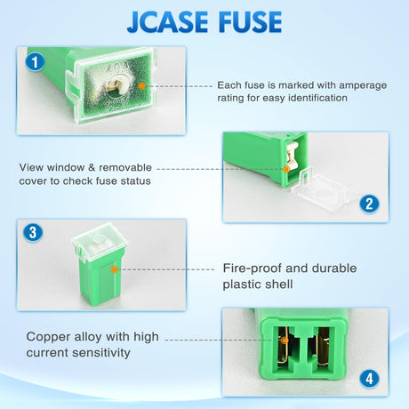 30pcs Jcase Car Fuse Assortment Kit Low Tall STD Profile Box Shaped Fuses Replacement 20A 30A 40A 50A 60A for Cars Trucks SUVs RVs