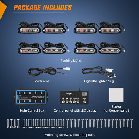 8PCS Led Strobe Lights with Controller 12V 24V Sync Feature Red Blue Strobe Light 12 LED Surface Mount Emergency Hazard Warning Lights with Strobe Controller for Vehicle Car Truck RV ATV