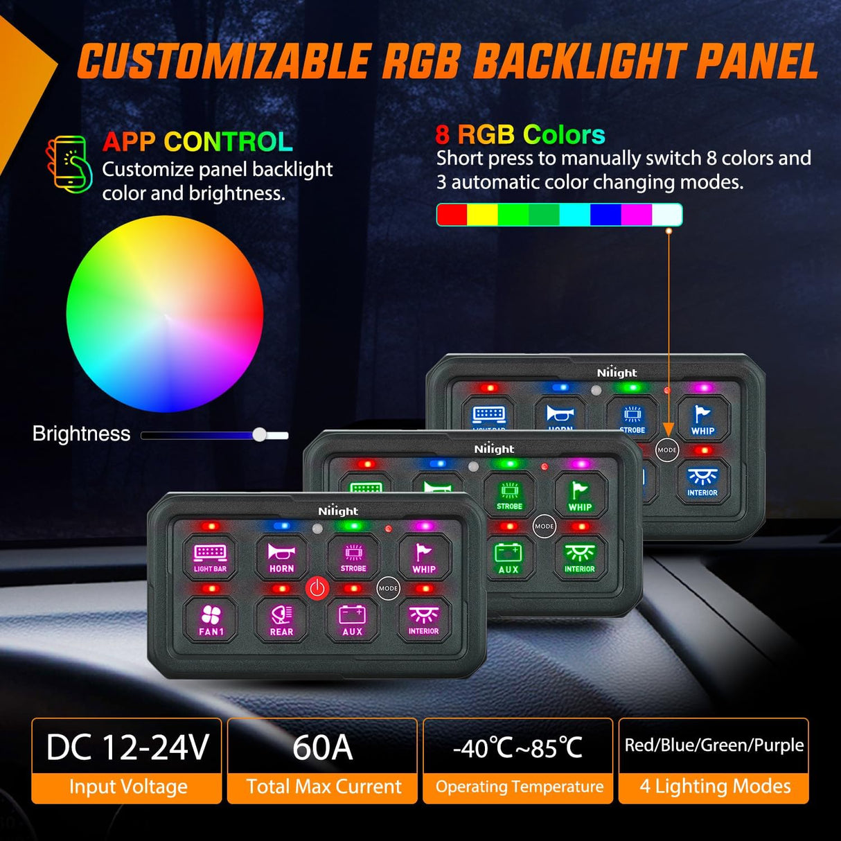 8 Gang Switch Panel Circuit Control Relay System APP RGB Backlight Double Row Fuse Wiring Harness Toggle Momentary Strobe Flash Modes Automatic Dimmable 12V 24V for Car Truck Camper SUV