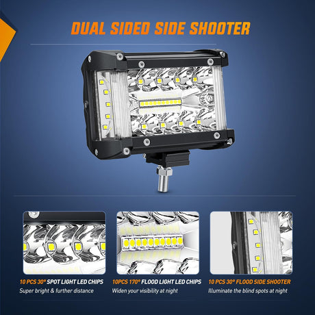 Side Shooter Light Bar 2 PCS 4.3 Inch Triple Row Spot Flood Combo for Off Road Fog Driving Work Lighting on Truck SUV ATV UTV