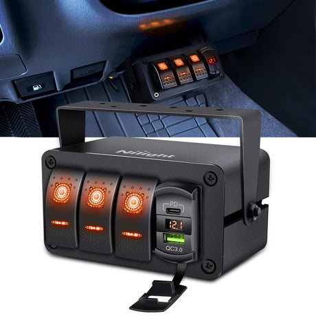 3 Gang Rocker Switch Box 12V SPST ON Off Toggle Switches PD Type C and QC 3.0 USB Sockcet Voltmeter LED Light Waterproof Aluminum Mount Bracket Panel DIY Stickers for Boat Car RV Truck