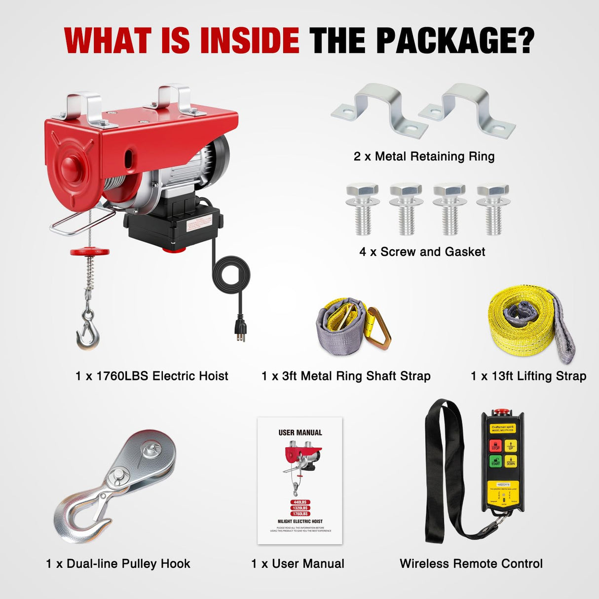 1760LBS Electric Hoist 110V Electric Hoist Winch with Wireless Remote Control, Single/Double Slings 39FT Lifting Height Material Handling Tool for Garage Warehouses Factory Attic Ceiling Crane