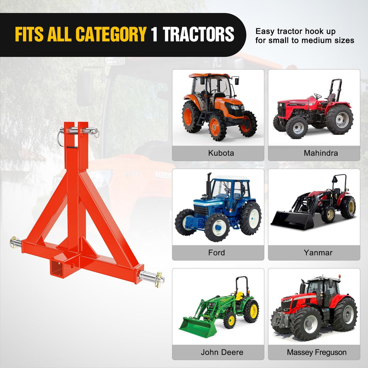 3 Point 2 Inch Trailer Hitch Receiver Category 1 Heavy Duty Tractor Drawbar Adapter Compatible with Kubota Bx John Deere Nortrac Kioti Yanmar Cat Orange