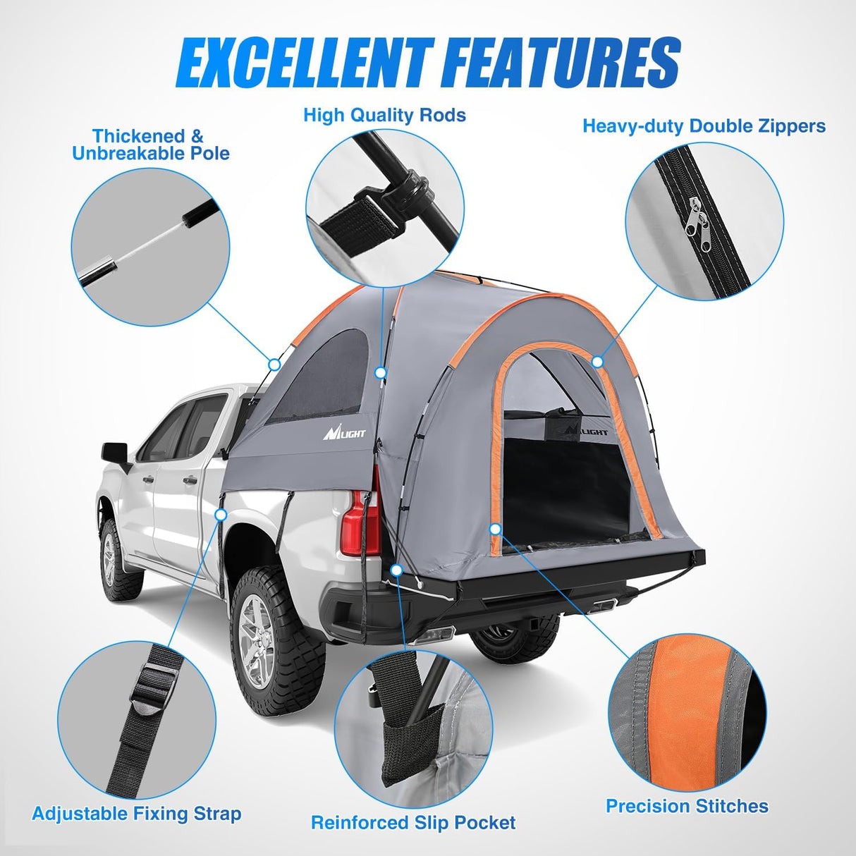 Truck Bed Tent 8-8.5 FT Pickup Truck Tents with Rainfly Waterproof PU2000mm Double Layer for 2-Person Portable Full Size Long Tailgate Bed Tent for Truck Camping Outdoor Travel, Orange Grey