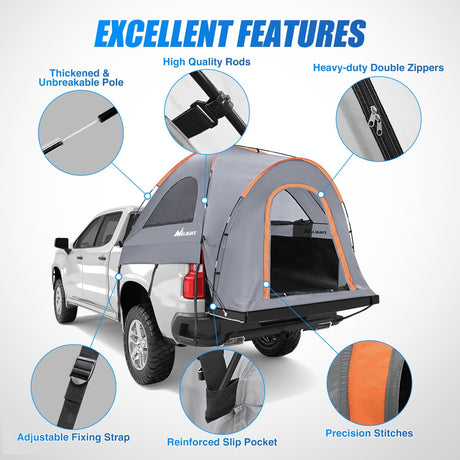 Truck Bed Tent 8-8.5 FT Pickup Truck Tents with Rainfly Waterproof PU2000mm Double Layer for 2-Person Portable Full Size Long Tailgate Bed Tent for Truck Camping Outdoor Travel, Orange Grey