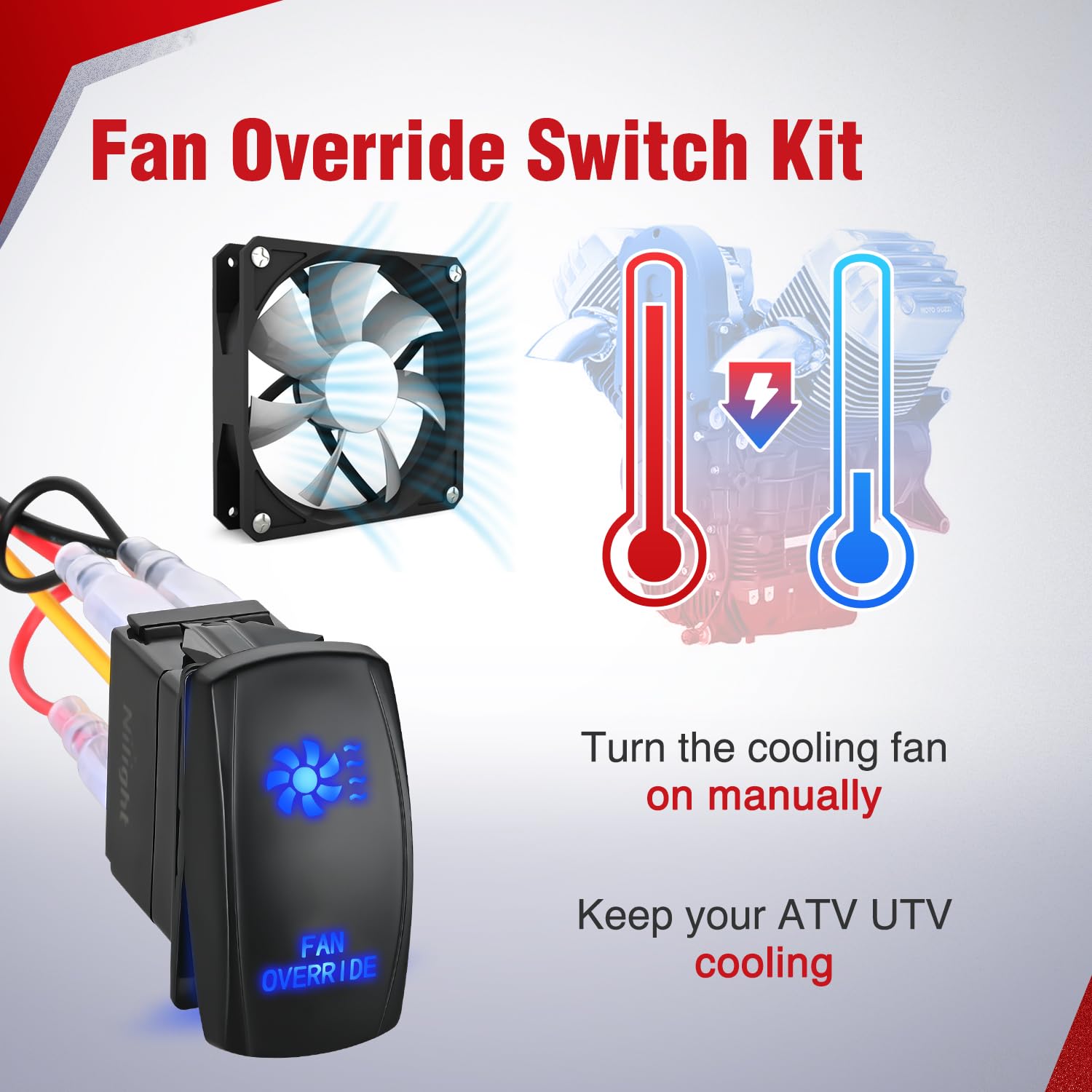 16AWG ATV UTV Fan Override Switch Kit with Relay LED Blue Light 5PIN Rocker Switch Nilight