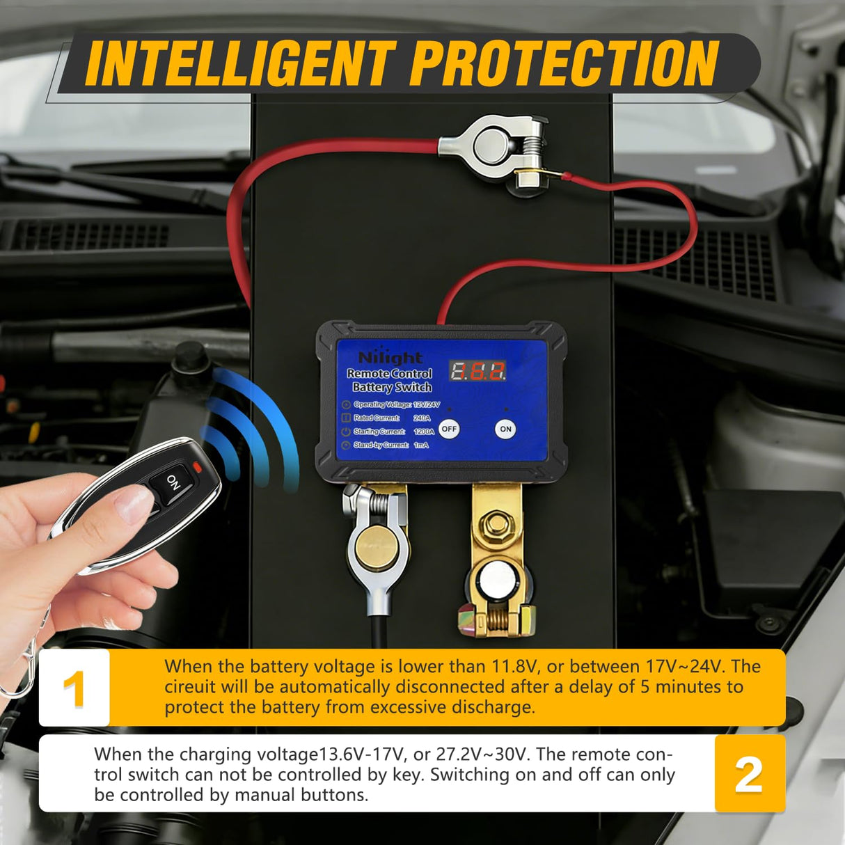 240A Remote Battery Disconnect Switch 12V 24V Car Smart Anti-Theft Kill Switches Upgrade Prevent Power Drain Wireless Remote Control Relay Fobs Voltmeter Display for Auto Cars Truck RV Boat