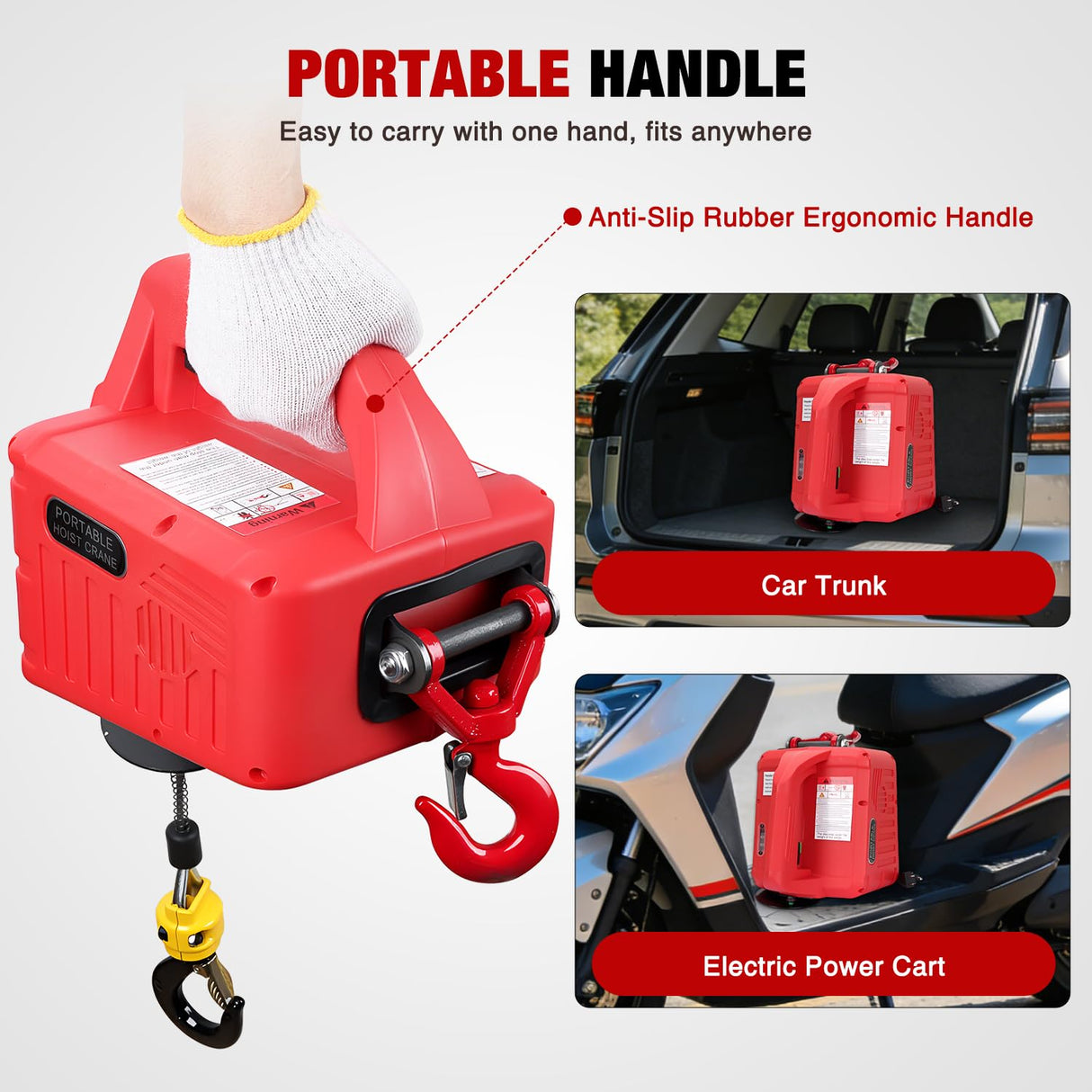 3-in-1 Electric Hoist Winch, 660LBS 1500W Portable Power Winch Crane with Manual Wired Wireless Remote Control, 110V Electric Winch 33FT/Min Speed 39FT Height for Garage Warehouse Factory, Red