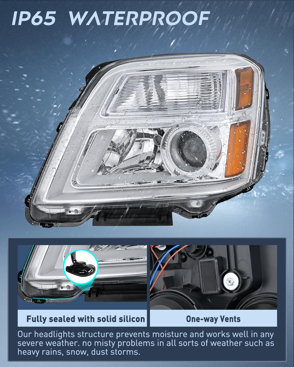 Headlight Assembly Compatible with 2010 2011 2012 2013 2014 2015 GMC Terrain Halogen Projector OE Style Replacement Headlights Chrome Housing Amber Reflector Headlamp Passenger and Driver Side