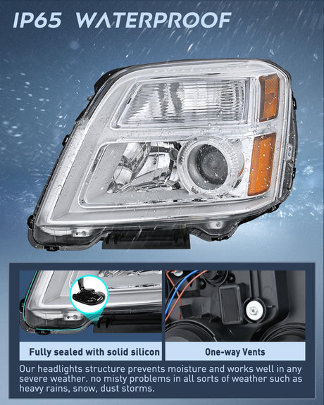 Headlight Assembly Compatible with 2010 2011 2012 2013 2014 2015 GMC Terrain Halogen Projector OE Style Replacement Headlights Chrome Housing Amber Reflector Headlamp Passenger and Driver Side