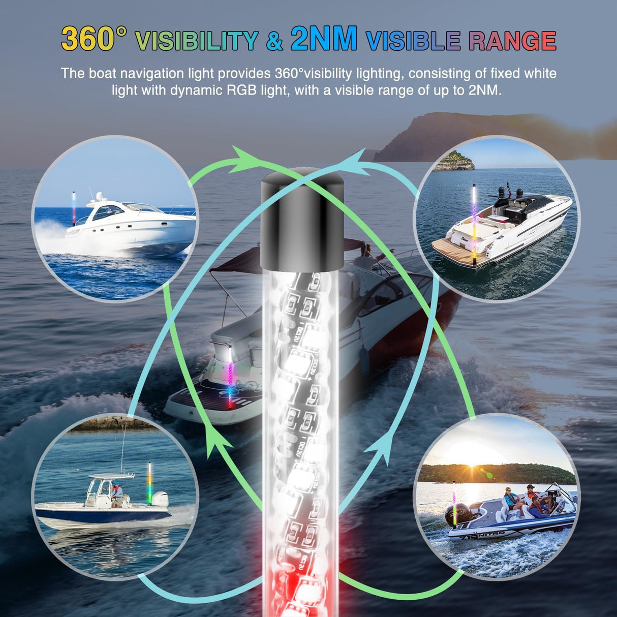 Boat Navigation Light 5FT Spiral LED Whip Lights 360° Visibility 2NM Coast Guard Compliant 400+ Patterns with Remote Plug-in Base Boats Stern Navlight for Night Fishing, Yacht, Pontoon