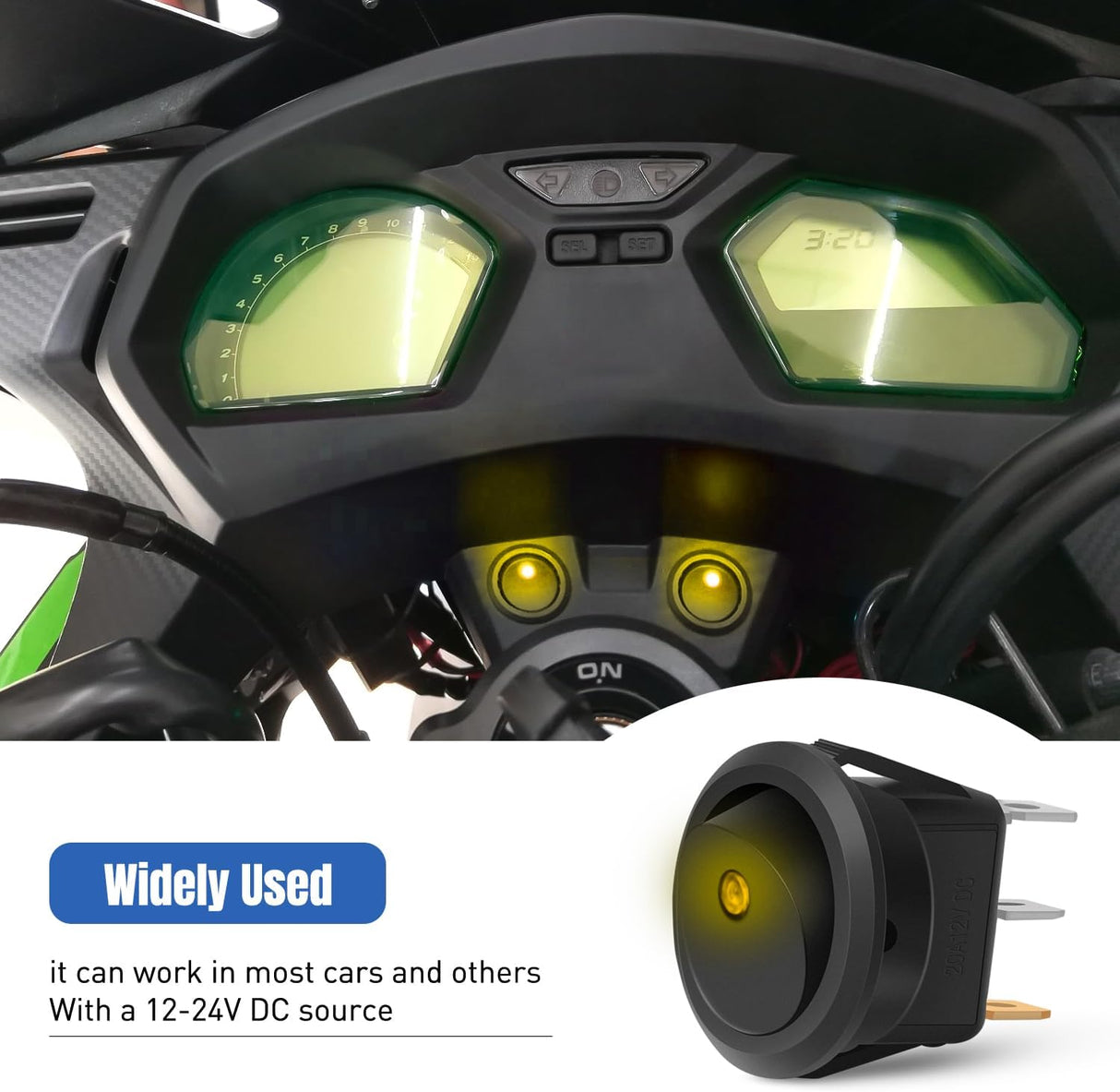 12PCS Round Rocker Switches 12V 24V 20A Yellow LED Toggle swtiches SPST 3 Pin 2 Position for Car Truck Vehicle Boat Marine Rocker On Off Control