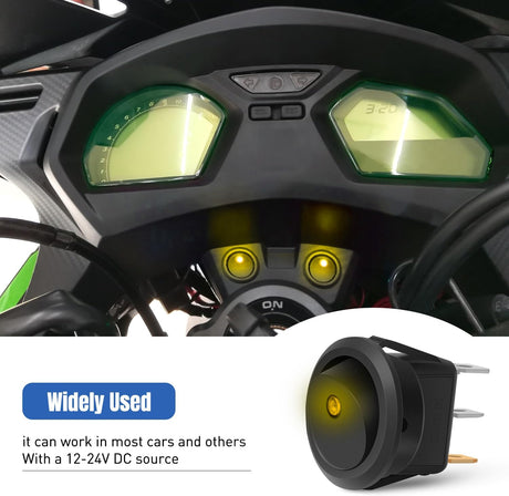 12PCS Round Rocker Switches 12V 24V 20A Yellow LED Toggle swtiches SPST 3 Pin 2 Position for Car Truck Vehicle Boat Marine Rocker On Off Control