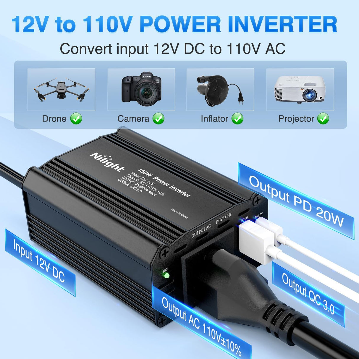 150W Power Inverter 12V DC to 110V AC Car Converter with PD 30W USB C & QC3.0 for Phones Tablets Laptop Computer Game Console Kindle iPad DVD Players Black