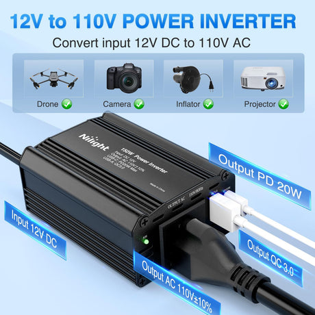 150W Power Inverter 12V DC to 110V AC Car Converter with PD 30W USB C & QC3.0 for Phones Tablets Laptop Computer Game Console Kindle iPad DVD Players Black