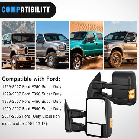 Towing Mirrors Turn Signal Puddle Lights Power Heated Adjustable Glass Manual Telescoping Folding Compatible With 1999-2007 Ford F250 F350 F450 F550 Super Duty