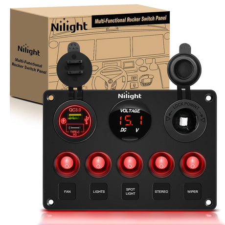 5 Gang Multi Function Waterproof Switch Panel PD Type C and USB Socket Digital Voltmeter 12V Outlet Rocker with Inline Fuse for RVs Cars Boats Trucks Trailers Red