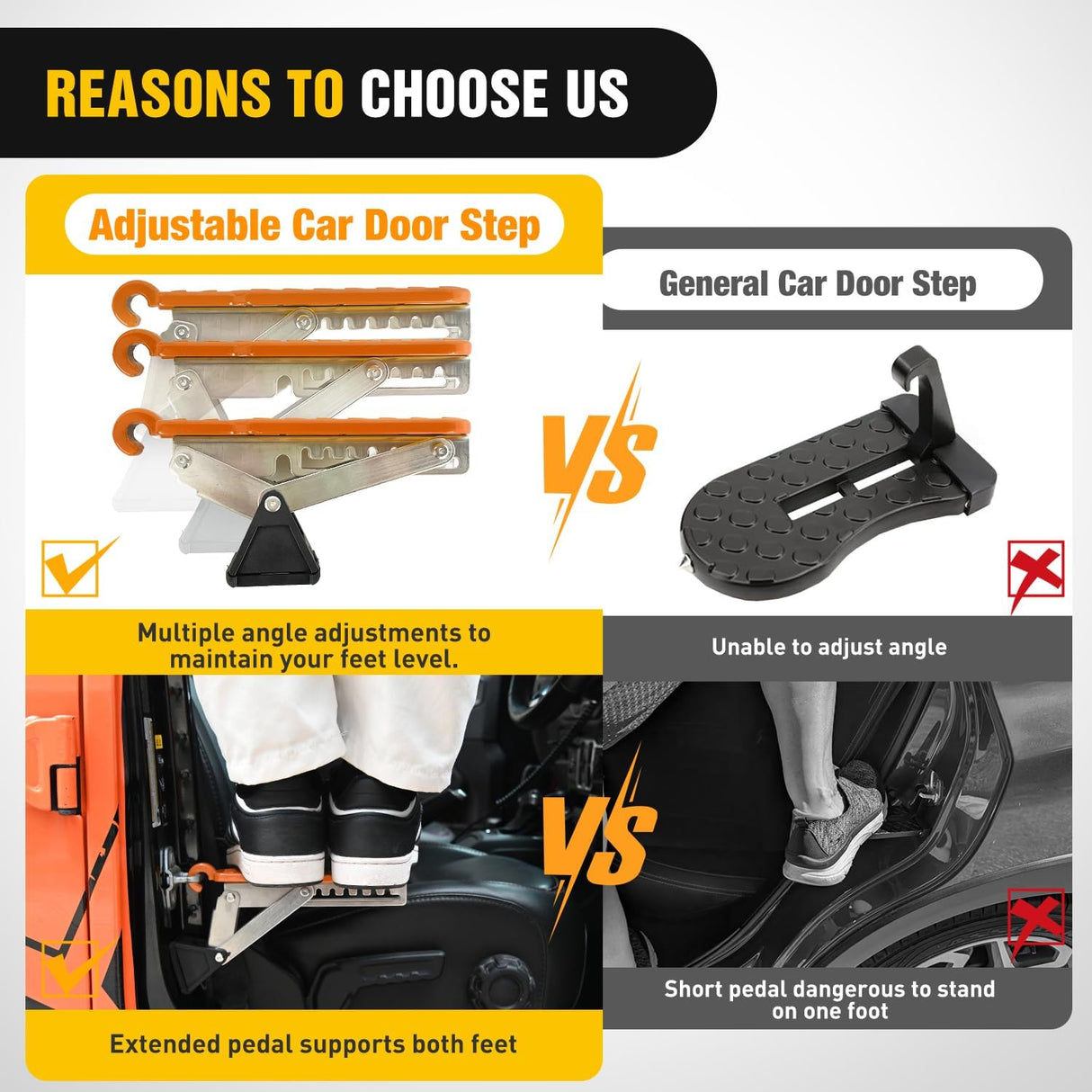 Car Door Step Universal Aluminum Latch Step for Car Roof Access Portable Folding Car Door Latch Hook Step Multi-Adjustable Both Feet Stand Pedal Max Load 500 Lbs for Truck Suv Vehicles, Orange