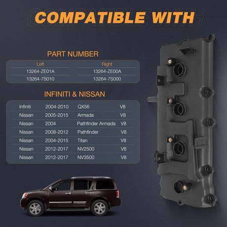 Pair Engine Valve Cover with Gasket for Nissan NV2500 NV3500 2012-2017 Pathfinder 2004 Armada 2005-2015, Infiniti QX56 2004-2010 Valve Cover, V8 5.6L Engine