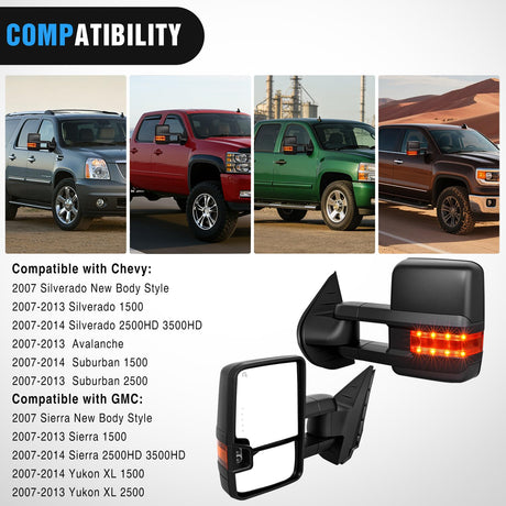 Towing Mirrors Turn Signal Reverse Puddle Lights Power Heated Adjustable Glass Manual Telescoping Folding Compatible With 2007-2014 Chevy Silverado GMC Sierra Yukon XL