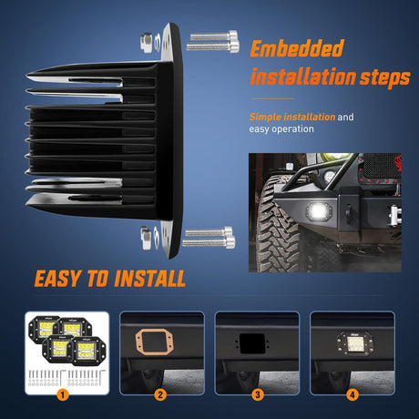 4PCS 42W Flush Mount LED Pods Spot Flood Combo Beam Driving Backup Reverse Grill Mount Light with 16AWG LED POD Lights Wiring Harness Kit -4 Leads