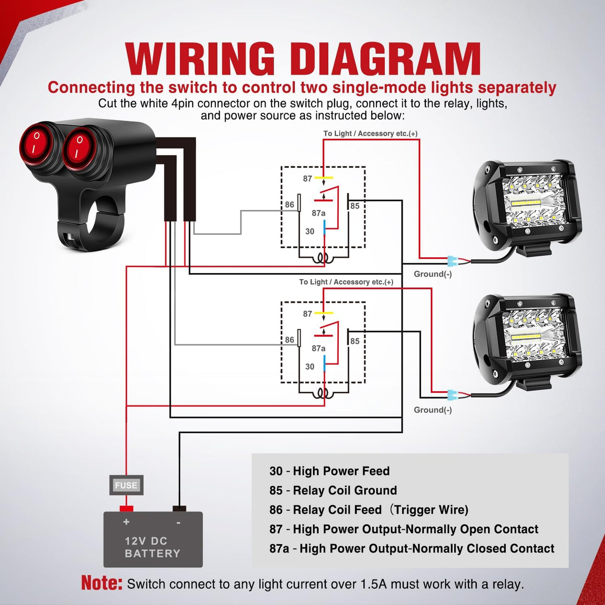 Motorcycle 7/8 Inch (22mm) Handlebar Switch Plug and Play 12V Waterproof On Off Push Button Dual Control for ATV UTV Driving Light Bar